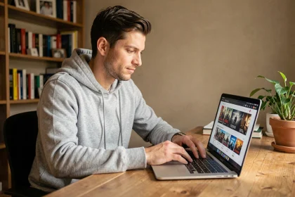 Homme accédant à un site de streaming de films sur son ordinateur portable depuis son bureau à domicile