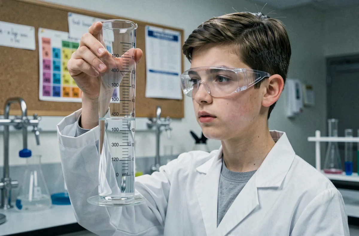 Adolescent en blouse blanche mesurant 1000 ml dans une éprouvette graduée en laboratoire scolaire
