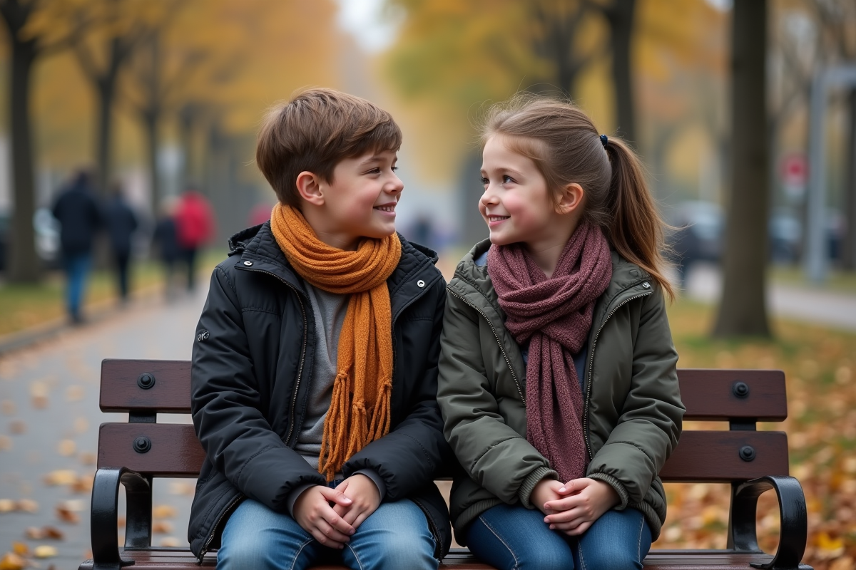 Adolescents discutant sur un banc dans un parc en automne