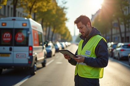 Agent municipal de Paris utilisant une tablette en extérieur