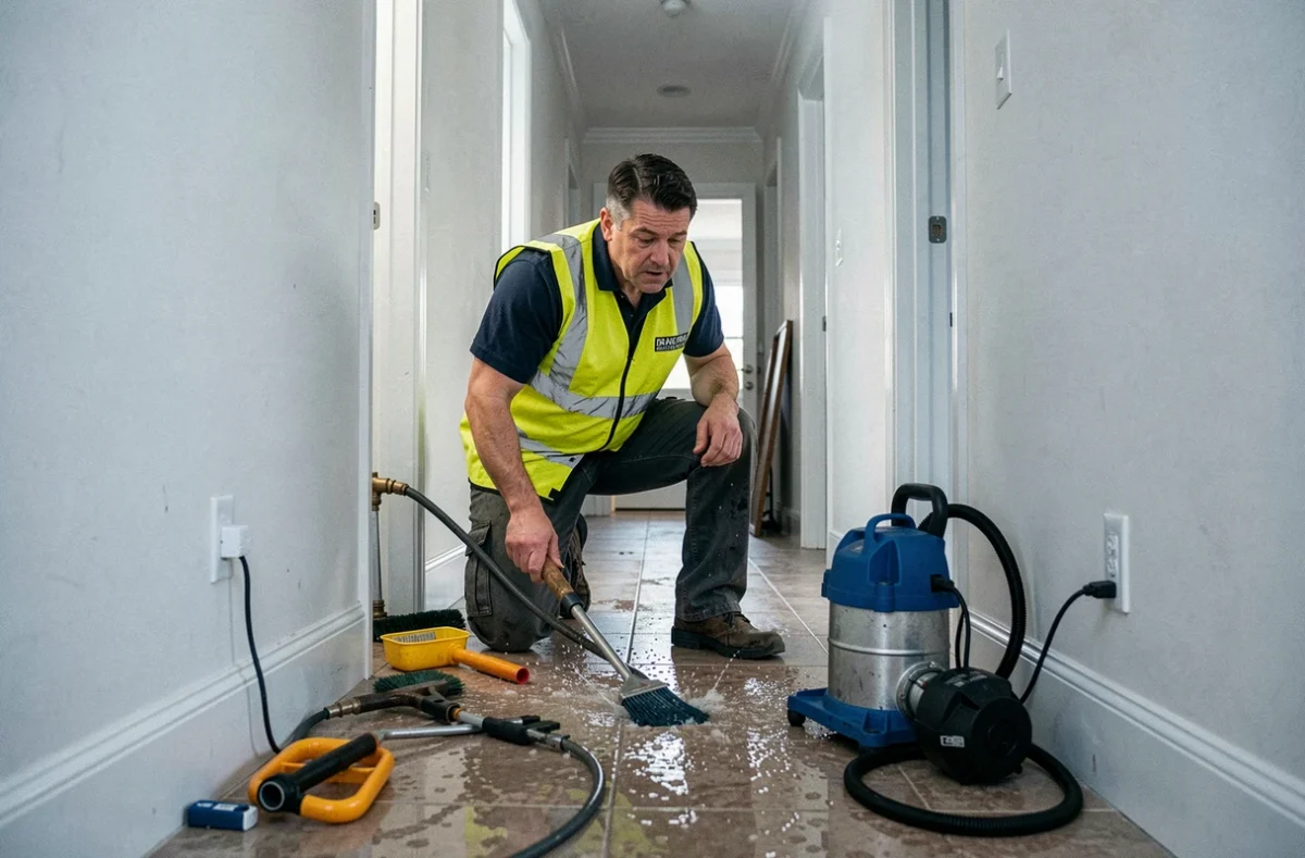 Technicien d'Agneaux Dépannage intervenant en urgence sur une canalisation éclatée dans un couloir résidentiel
