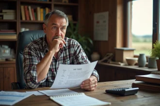 Homme agricole concentré devant une table avec tableau de conversion