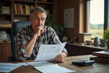 Homme agricole concentré devant une table avec tableau de conversion