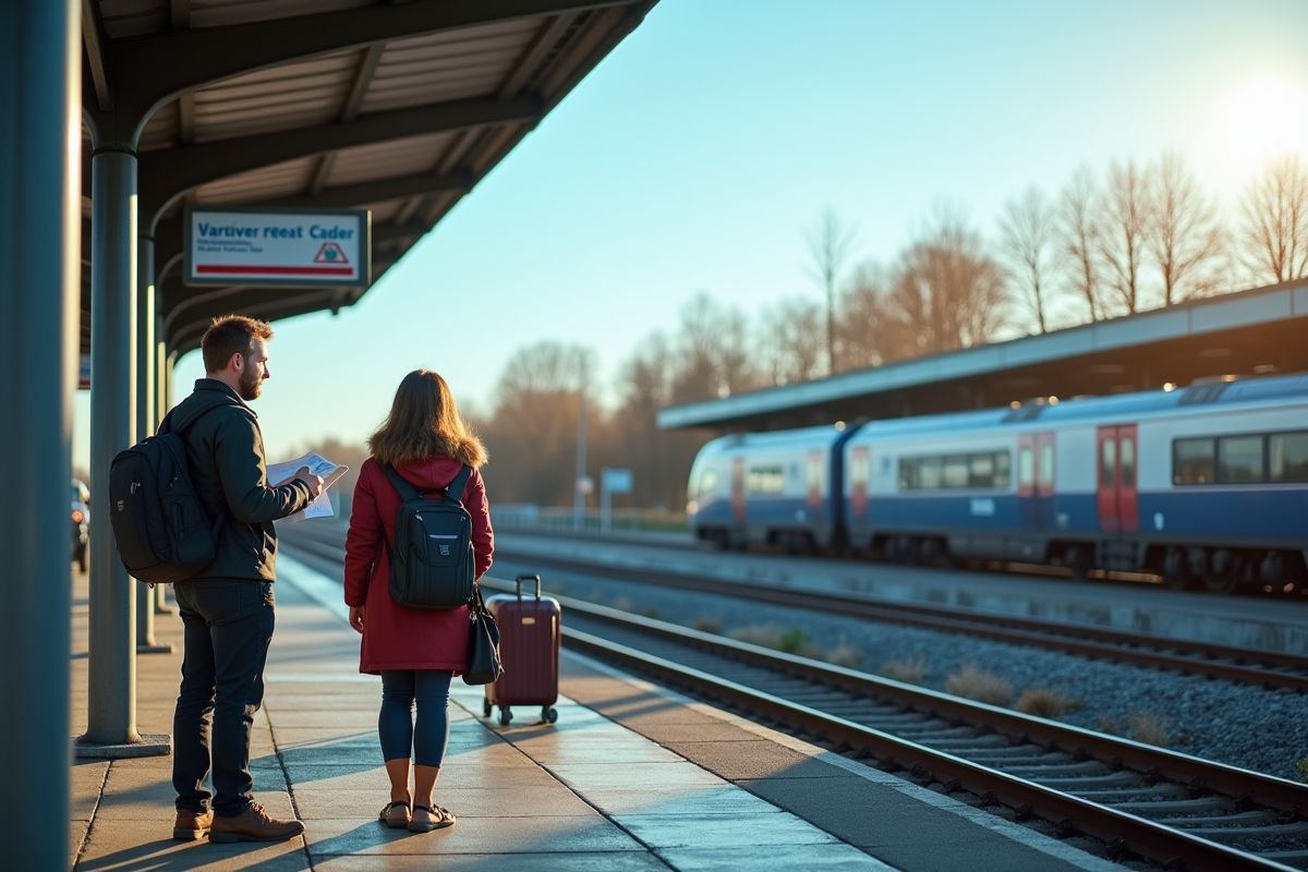 Aire de repos autoroute avec voitures et train en fond