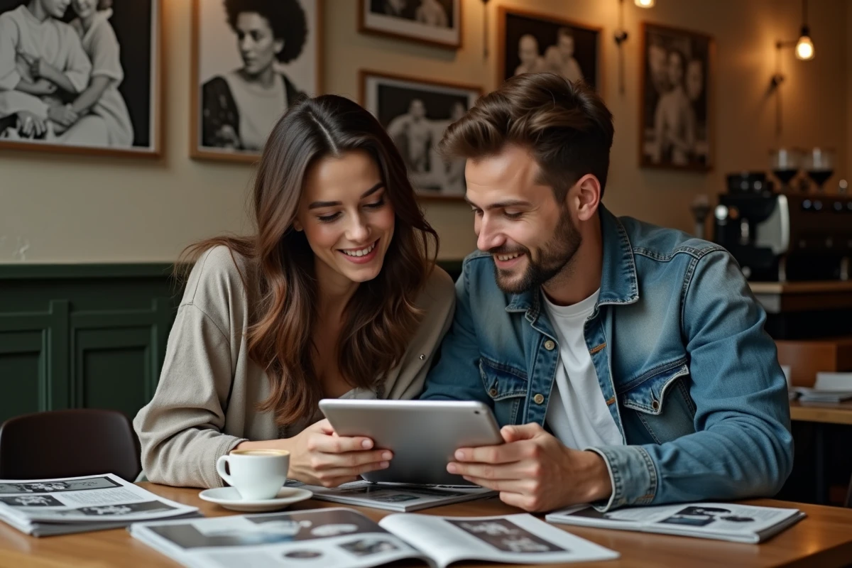 Deux amis cinéphiles discutant d'un film recommandé sur une tablette dans un café indépendant entouré de magazines de cinéma