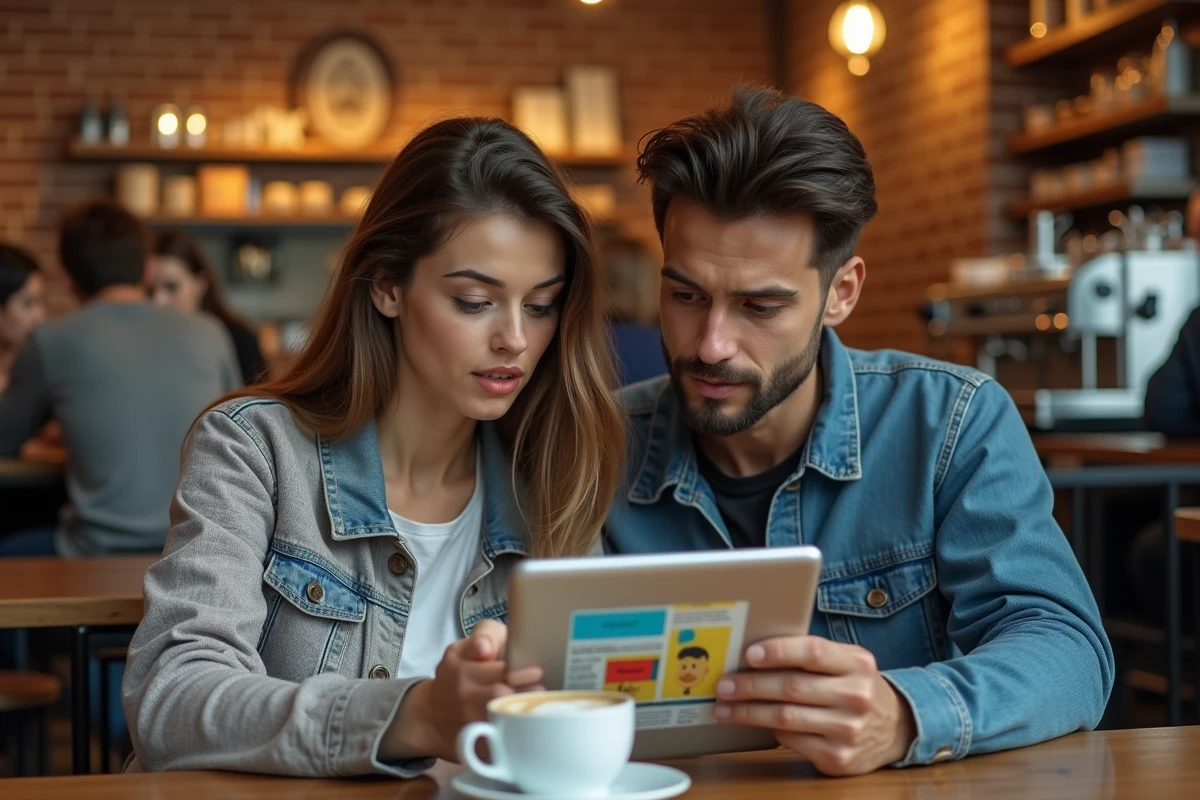 Deux amis discutant de la légalité d'un site de webtoon VF sur une tablette dans un café urbain, symbolisant le débat autour de Crunchiscan