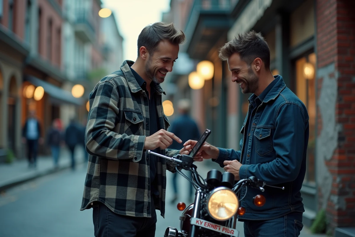 Deux amis passionnés de moto discutant de films culte devant une moto vintage en ville
