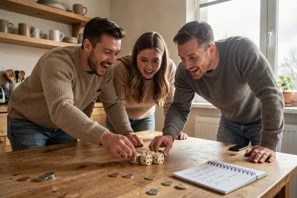 Trois amis adultes jouant au 421 autour d'une table en bois avec des dés et des pièces de monnaie