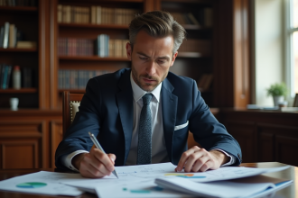 Analyste financier homme en costume dans un bureau élégant