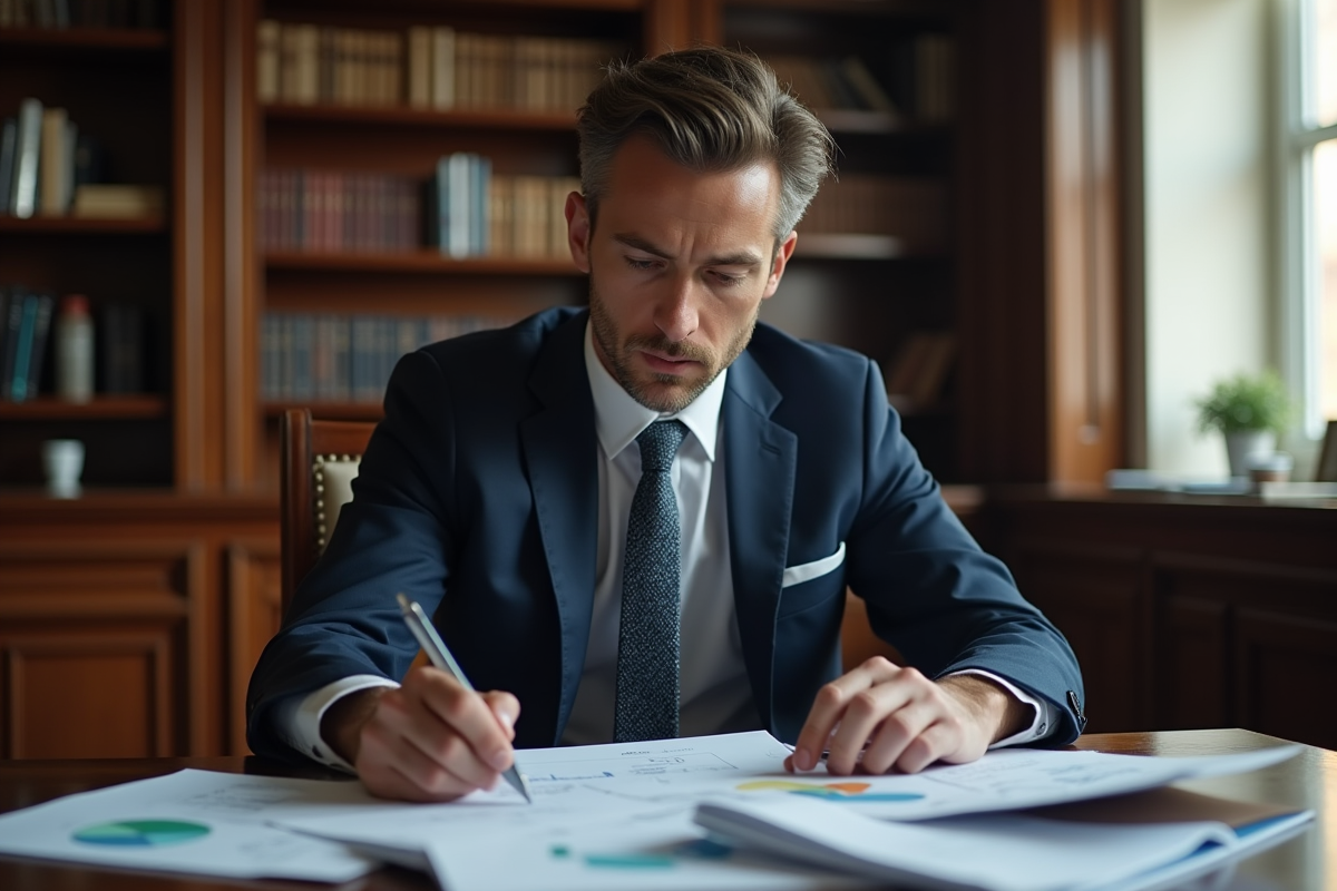 Analyste financier homme en costume dans un bureau élégant