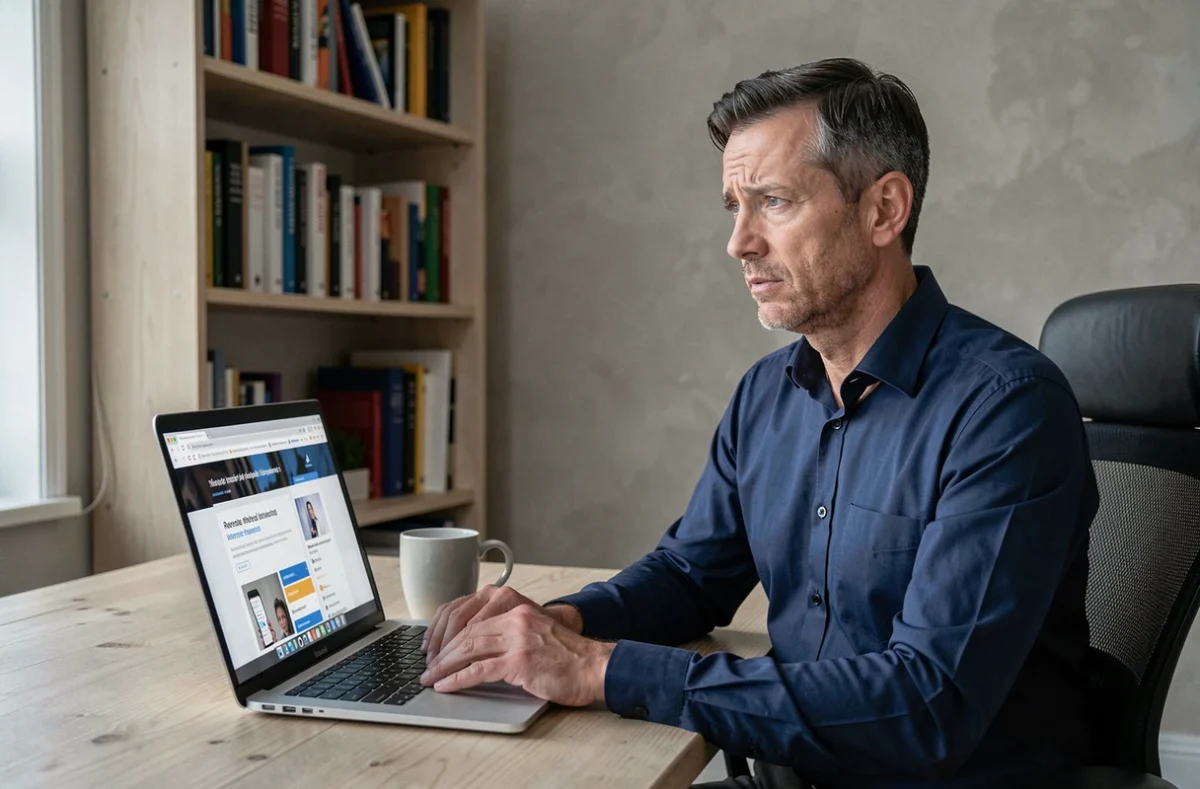 Homme utilisant un annuaire inversé en ligne sur ordinateur portable pour identifier un numéro de téléphone inconnu