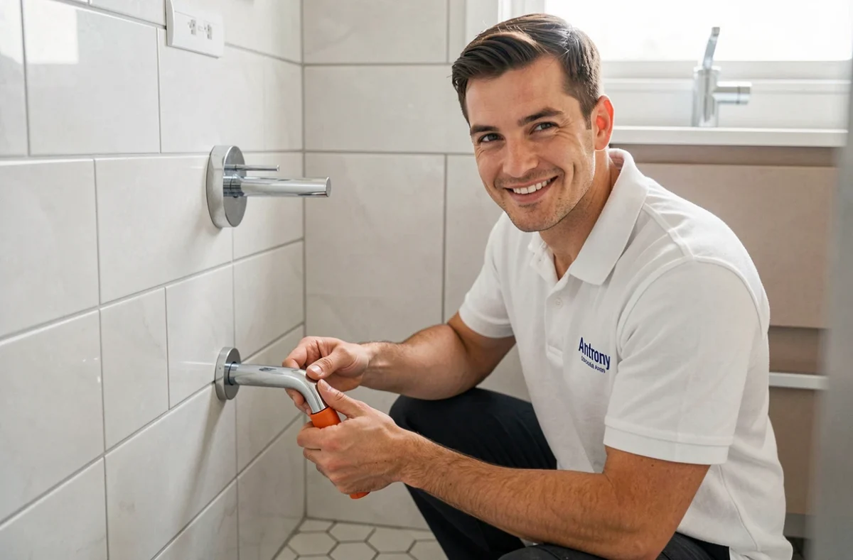 Anthony Potier remplaçant un robinet chromé dans une salle de bain moderne carrelée dans la Manche