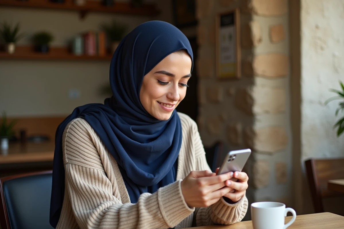 Femme musulmane en hijab consultant une application d'horaires de prière sur mobile dans un café à Nîmes