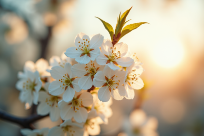 Arbre en fleurs blanches au matin avec lumière douce