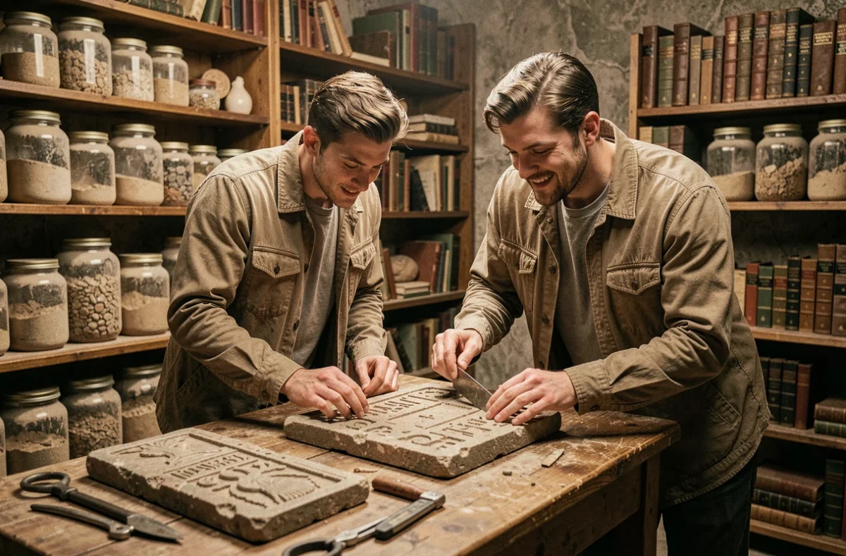 Joueurs inspectant des artefacts anciens dans la salle d'escape game Artifact Escape Game