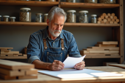 Artisan homme en atelier avec outils et planches en bois