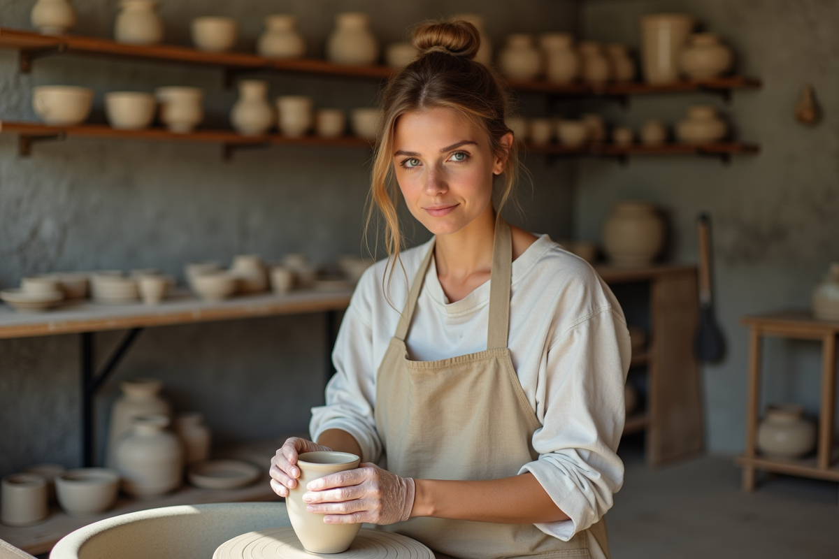 Jeune femme façonnant une poterie à la roue