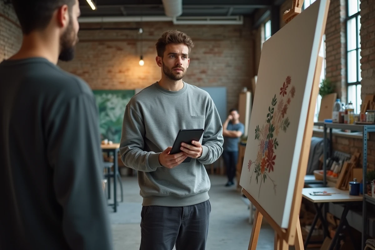 Jeune artiste débutant présentant son travail sur toile dans un atelier créatif partagé