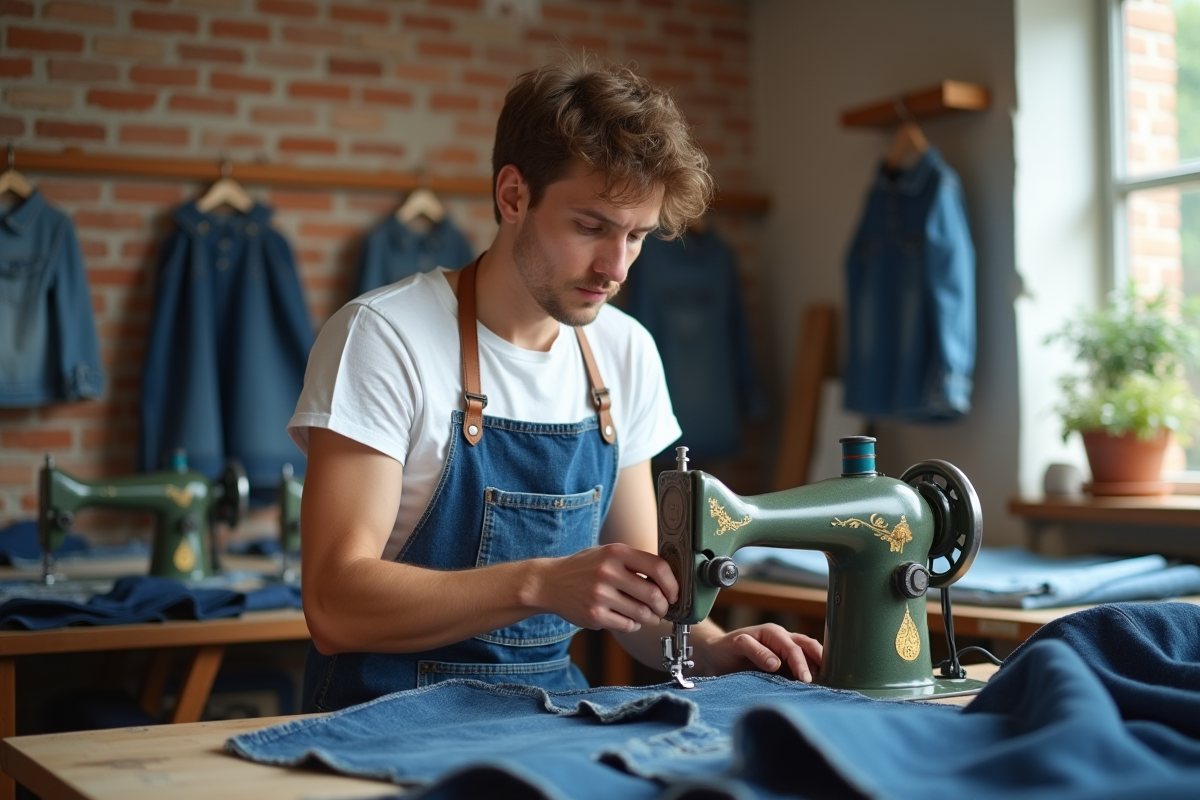 Jeune homme coud denim recyclé avec machine à coudre vintage