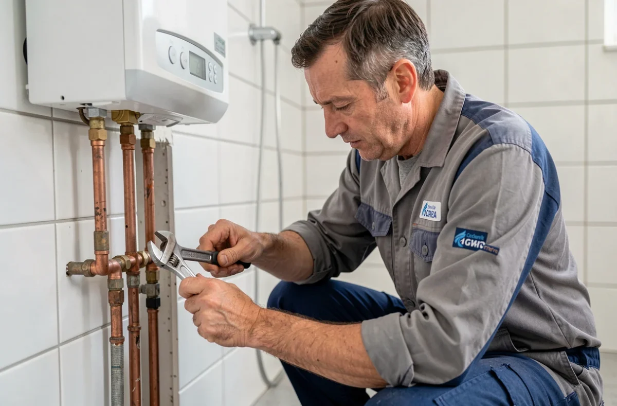 Plombier chauffagiste d'Au Fil de L'Eau réalisant des raccordements de plomberie dans un logement en Côte-d'Or