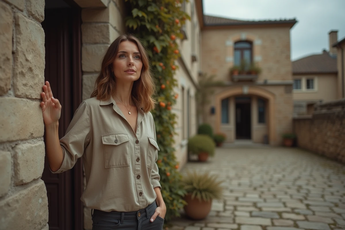 Femme debout devant un bâtiment en pierre provincial français évoquant l'histoire et les racines régionales