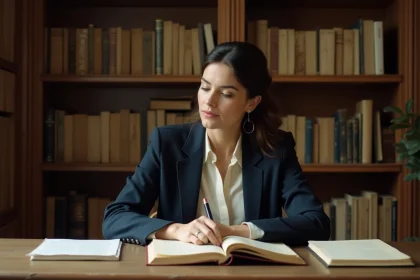 Femme française dans un bureau historique consultant des archives et documents sur ses origines familiales