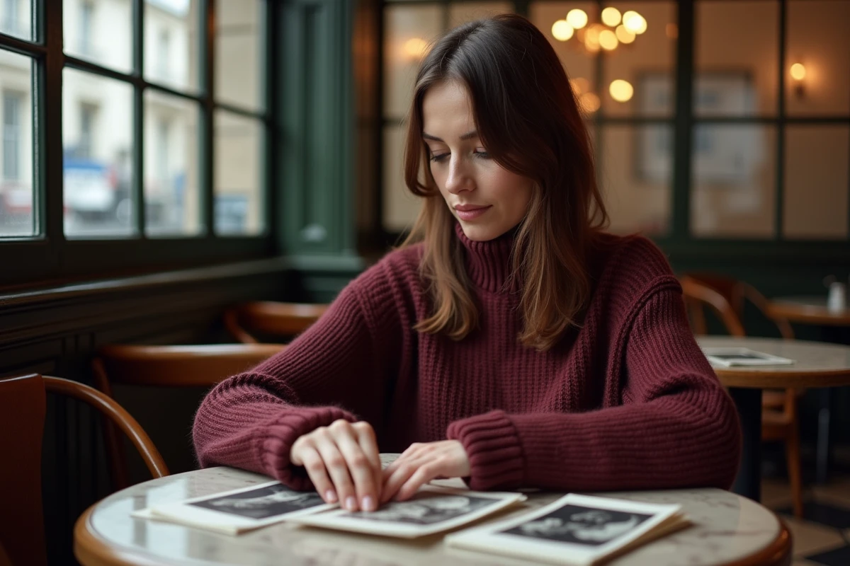 Femme contemplant d'anciennes photographies de famille dans un café parisien symbolisant la recherche de ses origines