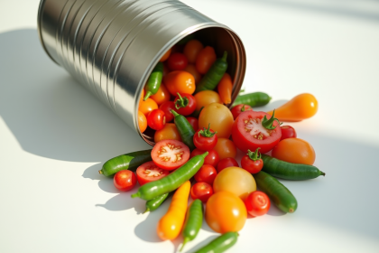 Boîte de légumes mélangés ouverte sur une table blanche