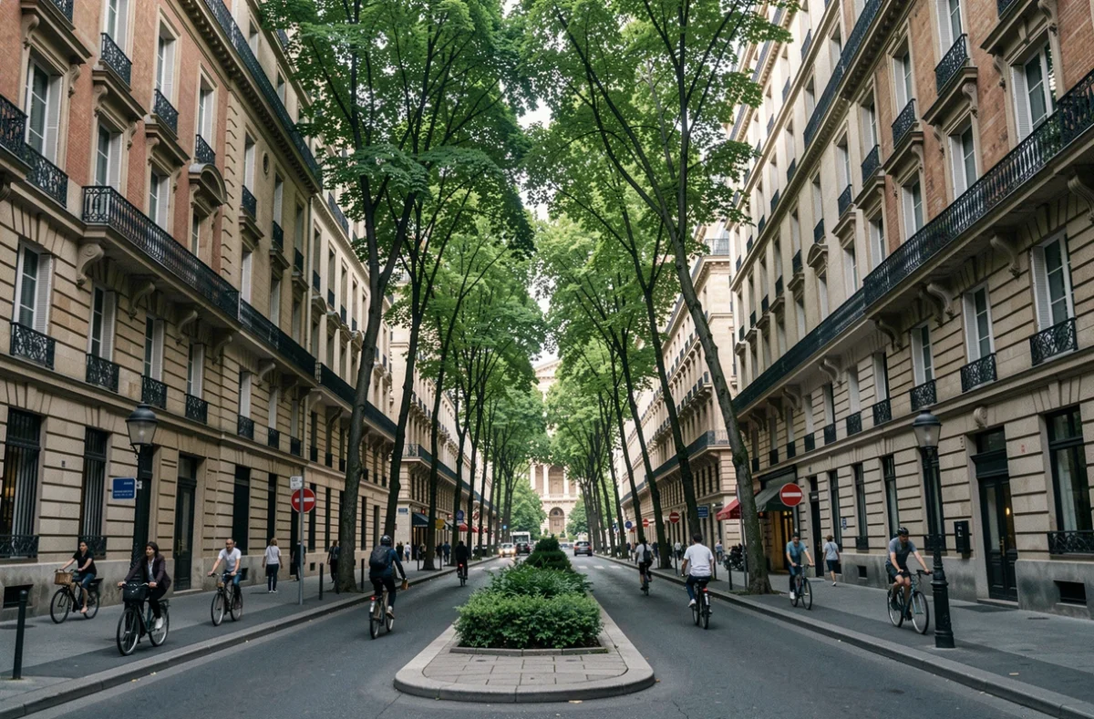 Boulevard haussmannien de Paris avec rangée d'arbres urbains formant une voûte végétale au-dessus des pistes cyclables