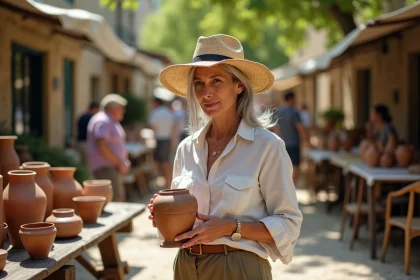 Femme examinant une poterie ancienne sur un stand de brocante en plein air dans le Lot-et-Garonne au printemps