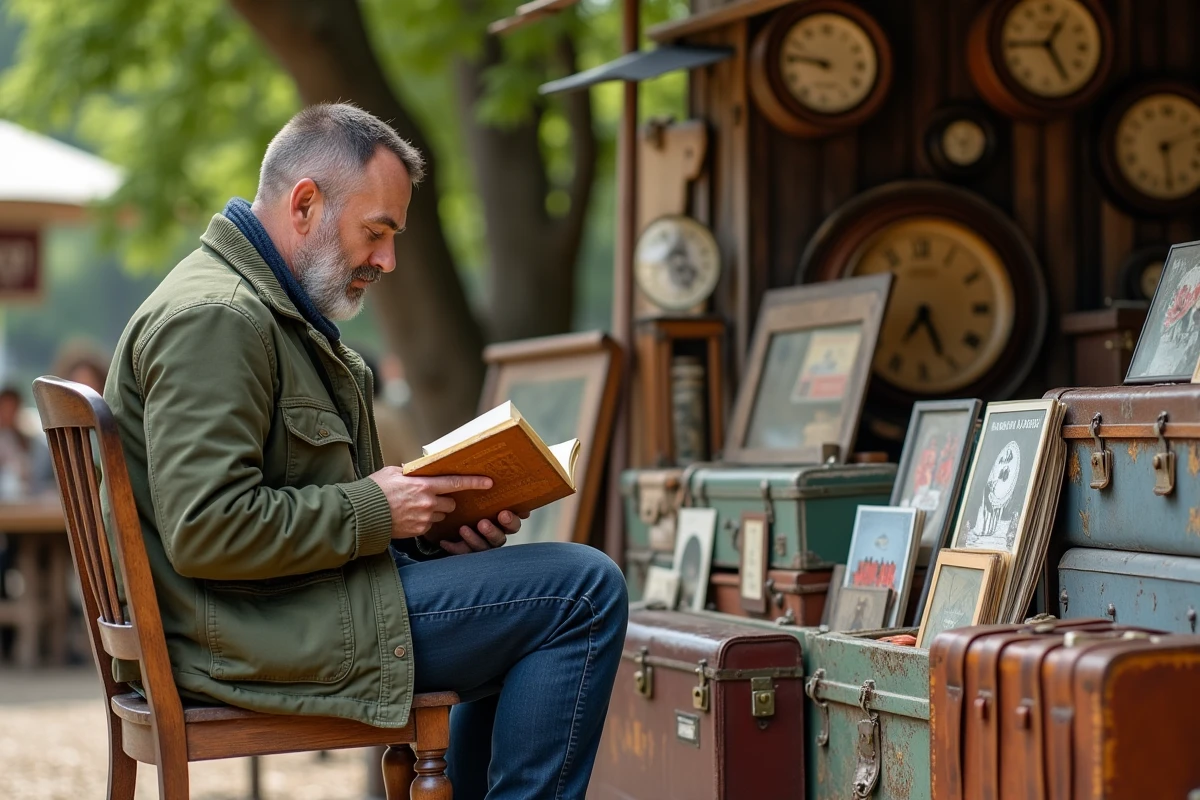 Homme lisant un vieux livre lors d'une brocante printanière en plein air dans le Lot-et-Garonne