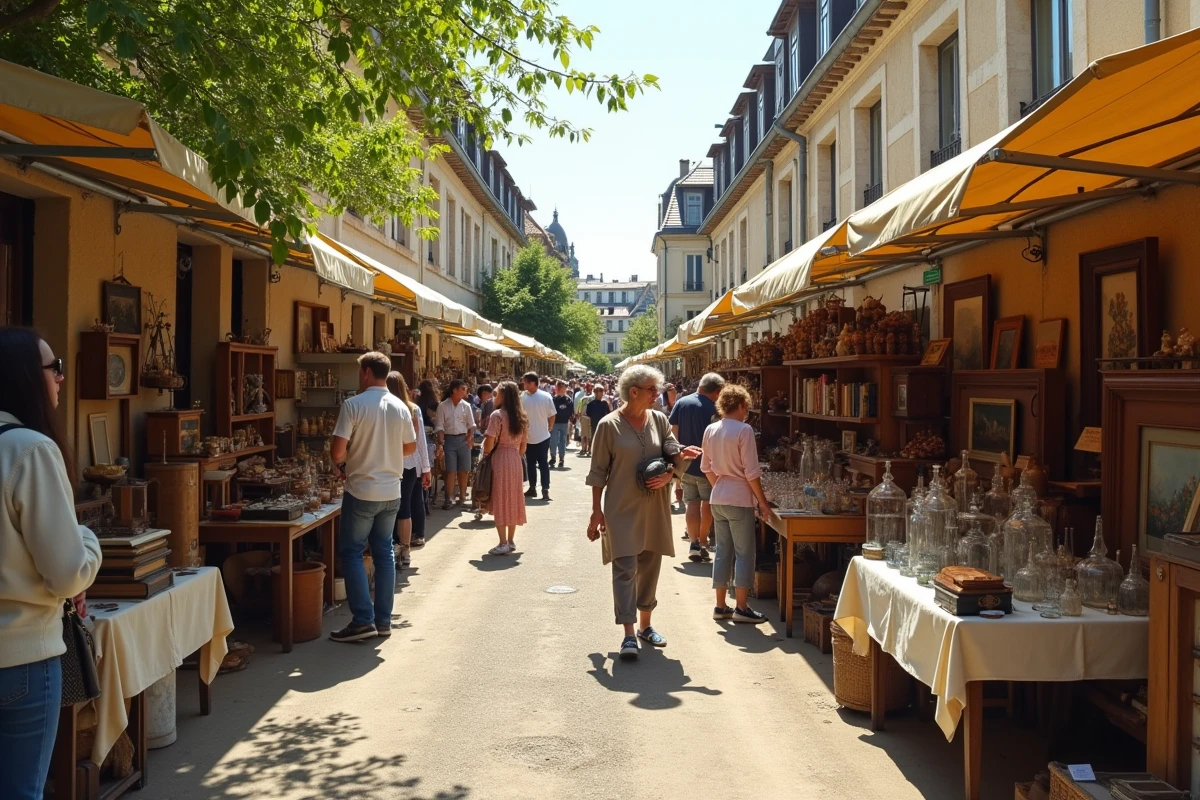 Vue panoramique d'une brocante de village animée au printemps dans le Lot-et-Garonne avec vendeurs et visiteurs