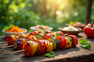 Brochettes de légumes colorés et salades estivales en plein air