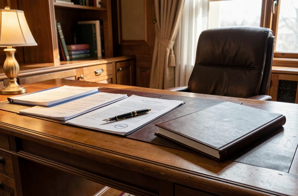 Bureau de notaire avec documents juridiques et stylo plume