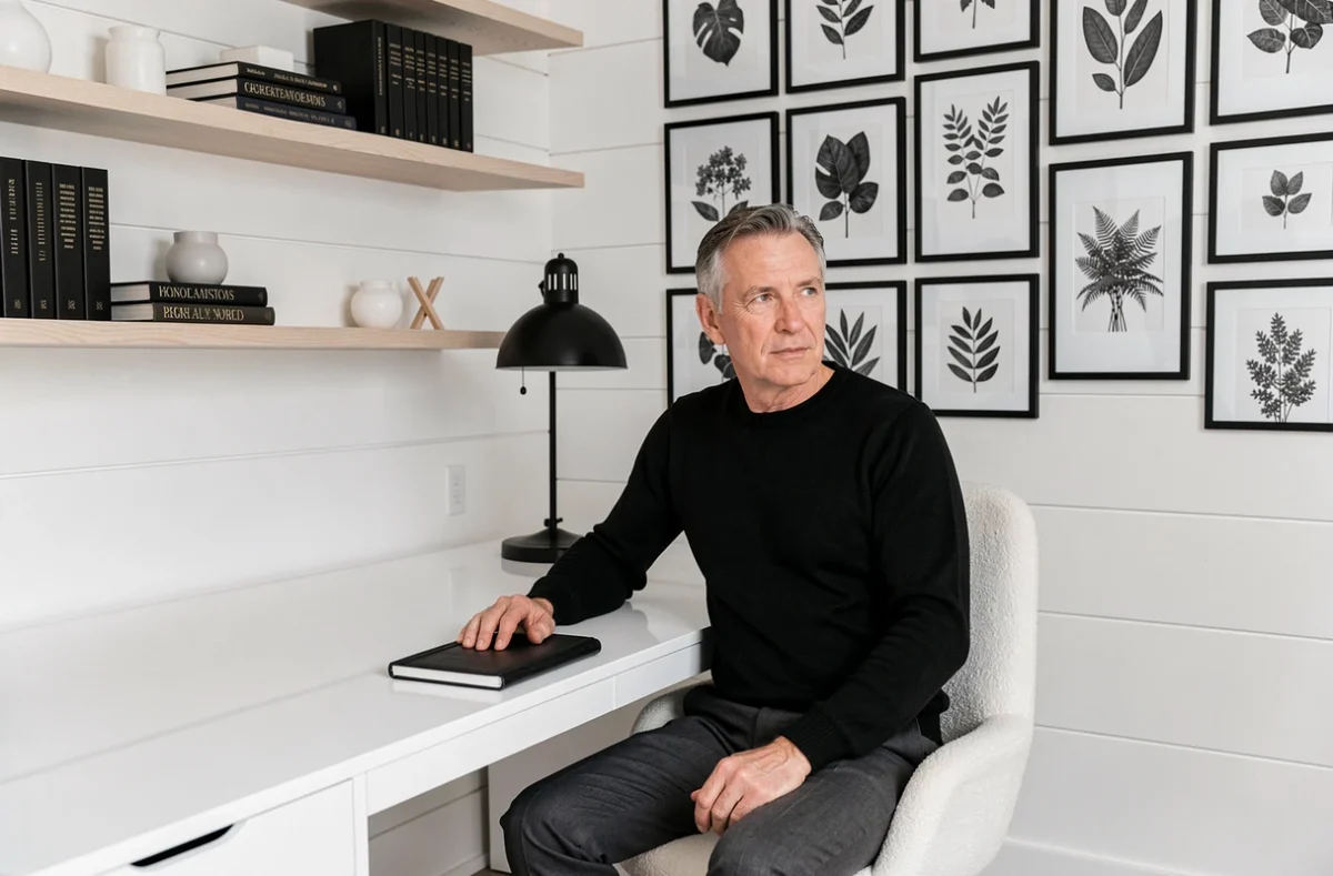 Bureau à domicile noir et blanc avec mur de cadres botaniques, bureau laqué blanc et homme en pull noir
