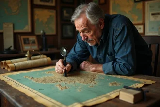 Cartographe marin étudiant une carte bathymétrique de la fosse des Mariannes avec une loupe dans un bureau de recherche océanographique