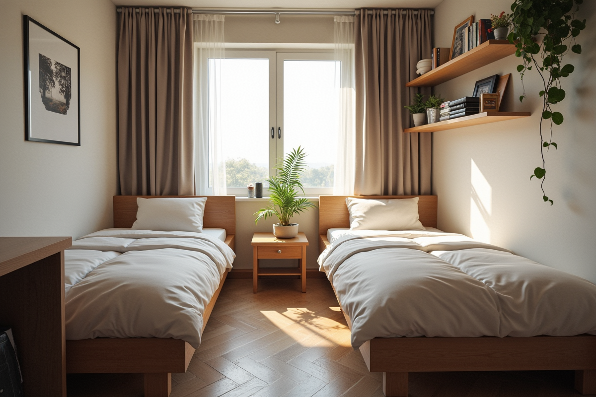 Chambre d appartement bien organisée avec lits et livres