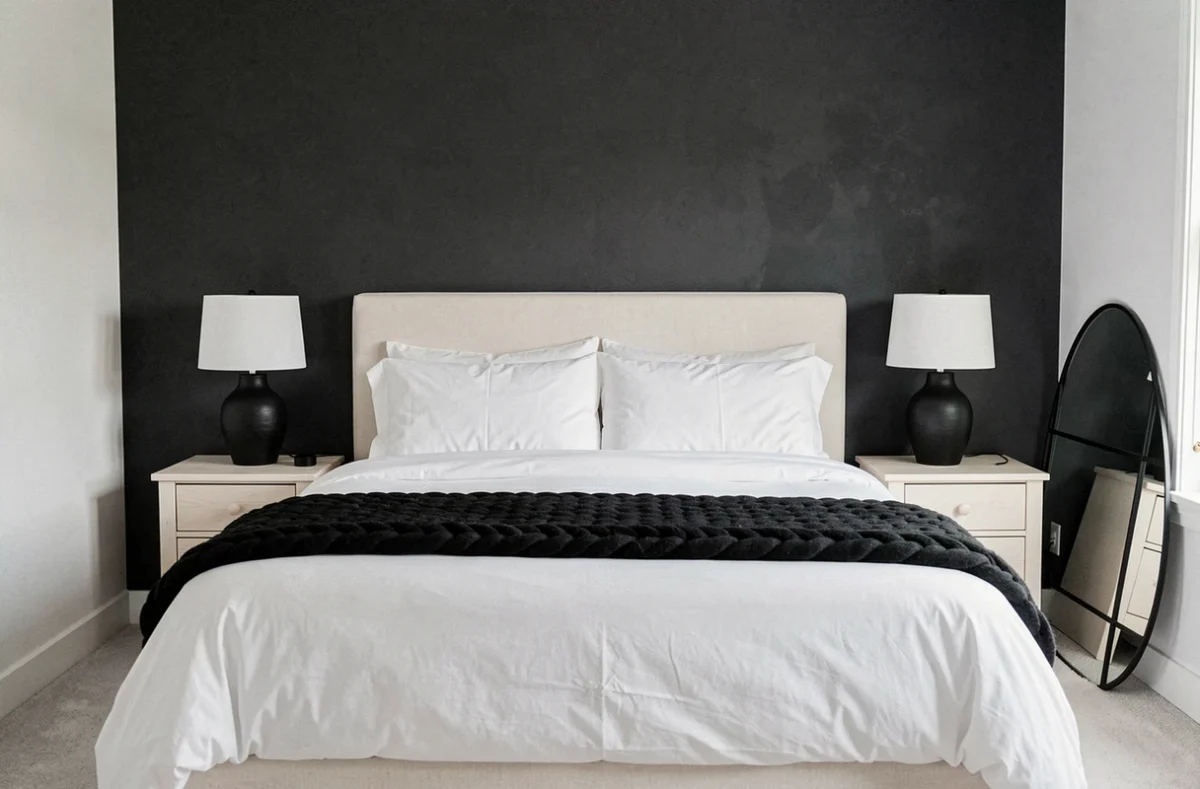 Chambre principale en noir et blanc avec lit en coton blanc, jeté en laine noire et mur anthracite mat