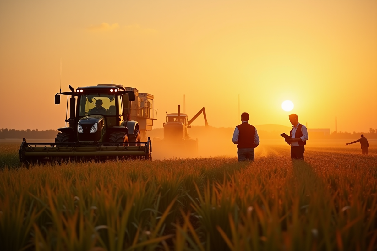 Champ agricole au lever du soleil avec tracteur et ouvriers