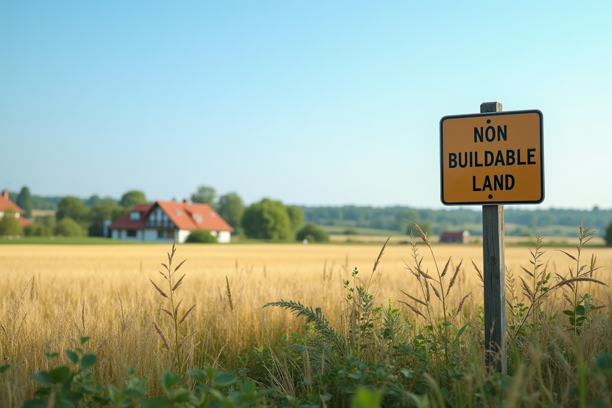 Champ rural avec panneau non buildable et village en arrière-plan