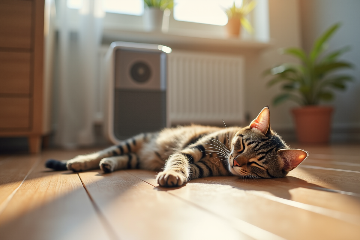 Chat tigré reposant sur le sol avec un purificateur d