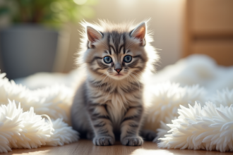 Chaton angora gris aux yeux bleus sur sol en bois ensoleille