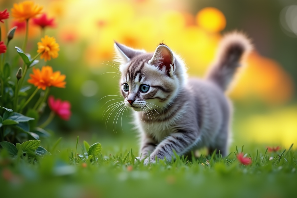 Chaton angora gris explorant un jardin vert ensoleille