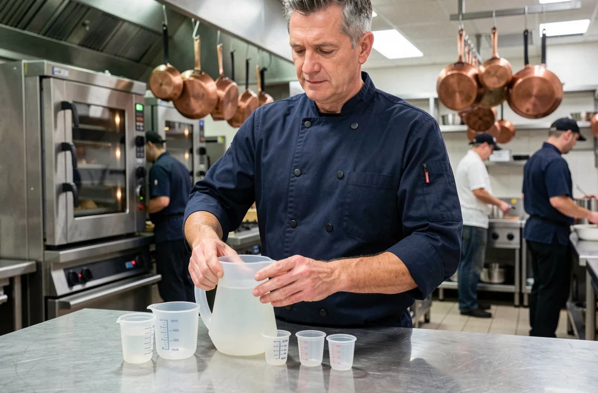 Chef cuisinier professionnel comparant un litre et des mesures en millilitres dans une cuisine de restaurant