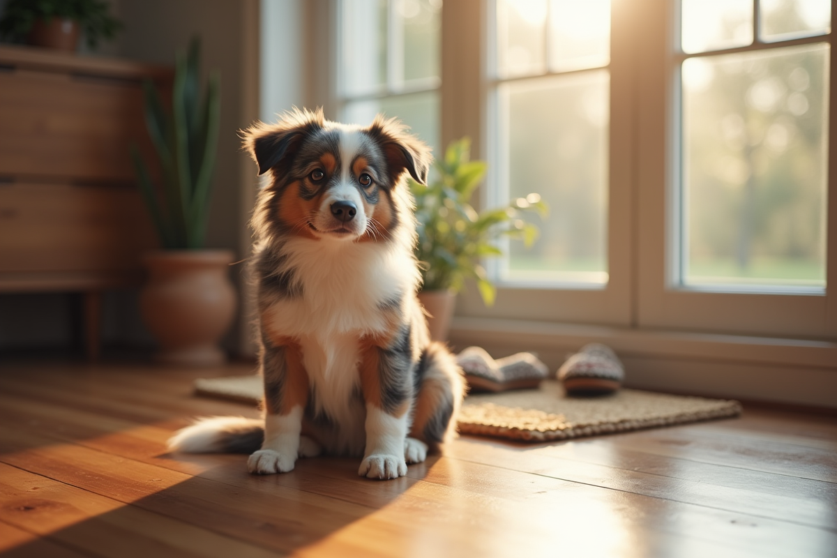 Mini Australian Shepherd assis sur le sol intérieur avec chaussures