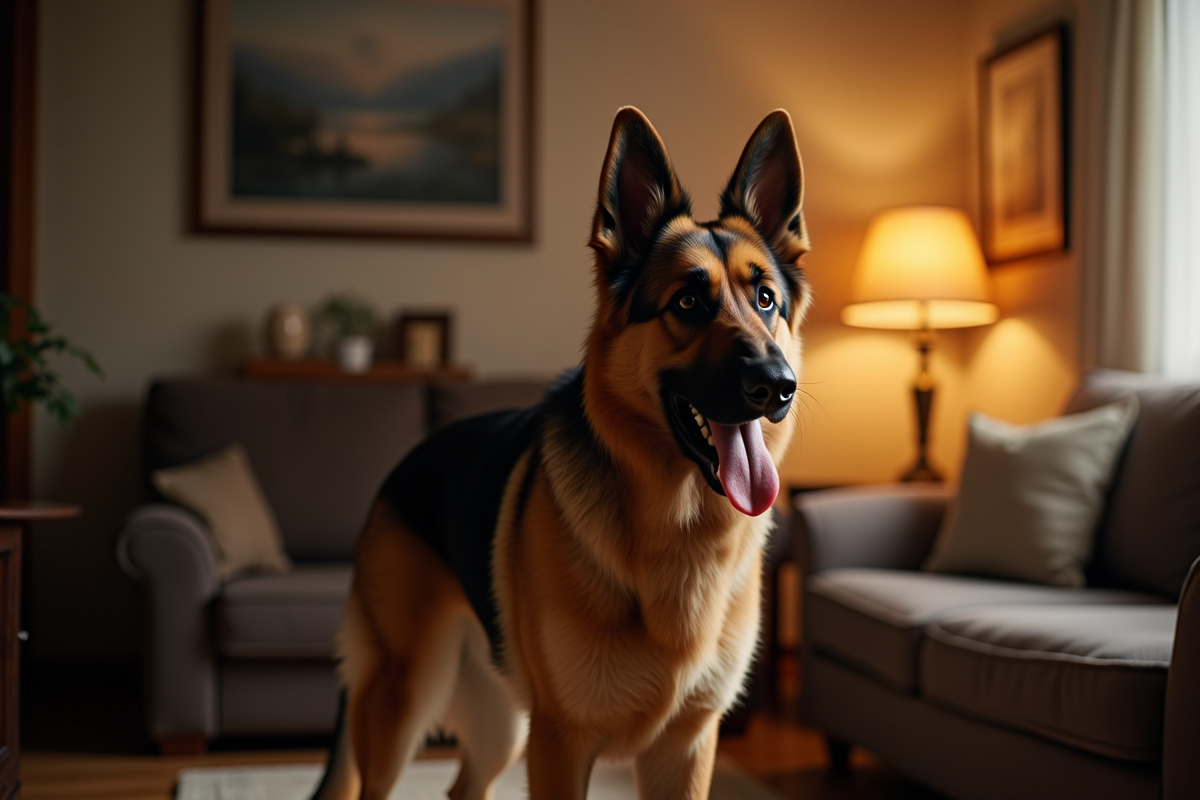 Chien berger allemand avec son propriétaire en salon chaleureux