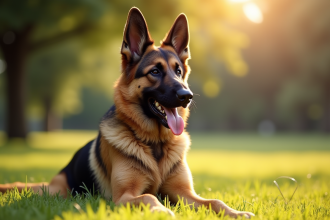 Chien berger allemand attentif en parc ensoleille