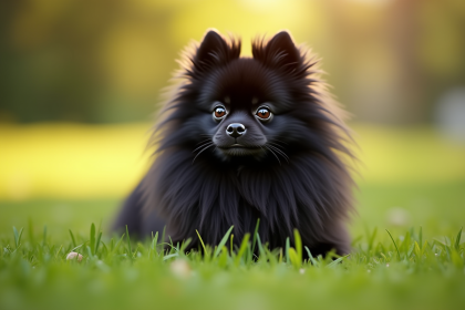 Chien pomeranian noir dans un parc ensoleille
