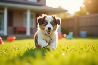 Chiot Australian Shepherd jouant dans le jardin ensoleille