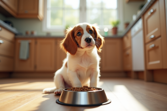 Chiot Brittany Spaniel assis sur le sol cuisine regardant la nourriture